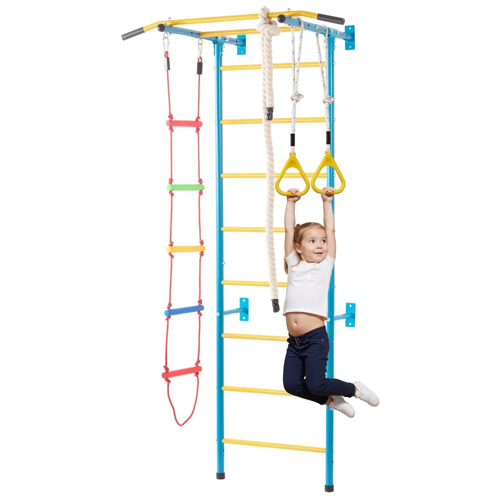 【DealsForYouDays】VEVOR Indoor Jungle Gym for Toddlers,  5-in-1 Climbing Playset with Carbon Steel Swedish Ladder, Wall Ladder, Pull-Up Bar, Rope Ladder, and Gymnastic Rings, Supports 220 lbs, Multicolor