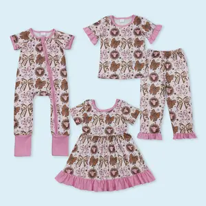 Pink ruffle short sleeves cow bow western girls pajamas