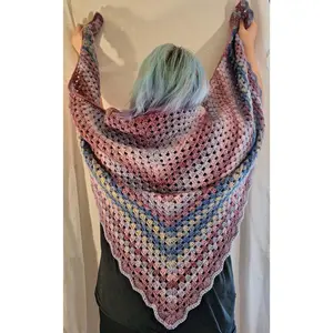 Oversized Multicolor Ombre Crochet Shawl - 65" Handmade Triangular Wrap - Sustainable Recycled Fiber