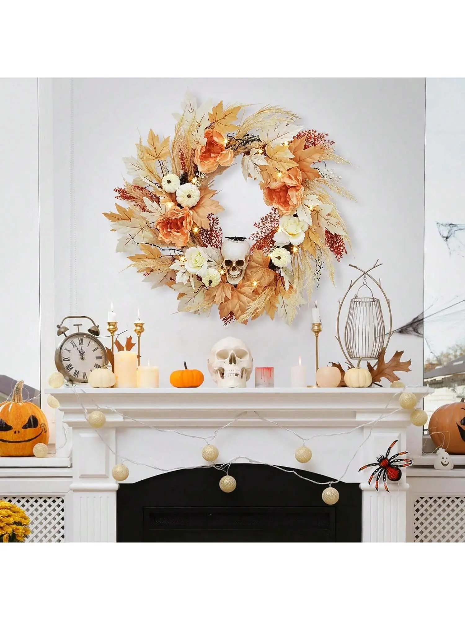 【Christmas Gift】22-Inch Spooky Decorative Skull Wreath with Lights, Roses, Maple Leaves, Handmade Ornament for Indoor-Outdoor Front Door, Window, Halloween Wall Hanging (Includes Pumpkins)