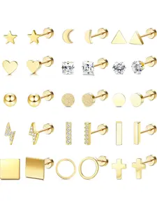 15 Pairs Tiny Cartilage Stud Earrings Star Moon Circle Bar Heart Trague Stud Earrings Set for Women Flat Back Cross CZ Earrings Stainless Steel Ear Piercing Set