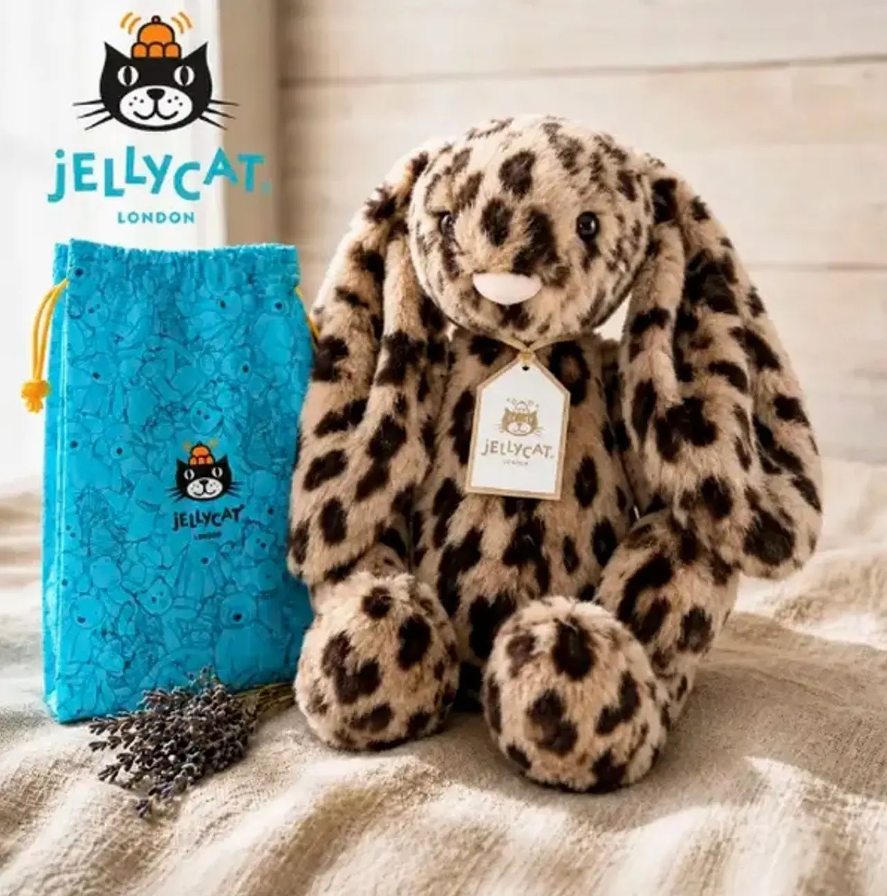 Jellycat Cobblehop Bunny Exclusive Plush with Drawstring Gift Bag – Leopard-Print Long-Ear Stuffed Animal Gift for Birthdays and Collectors
