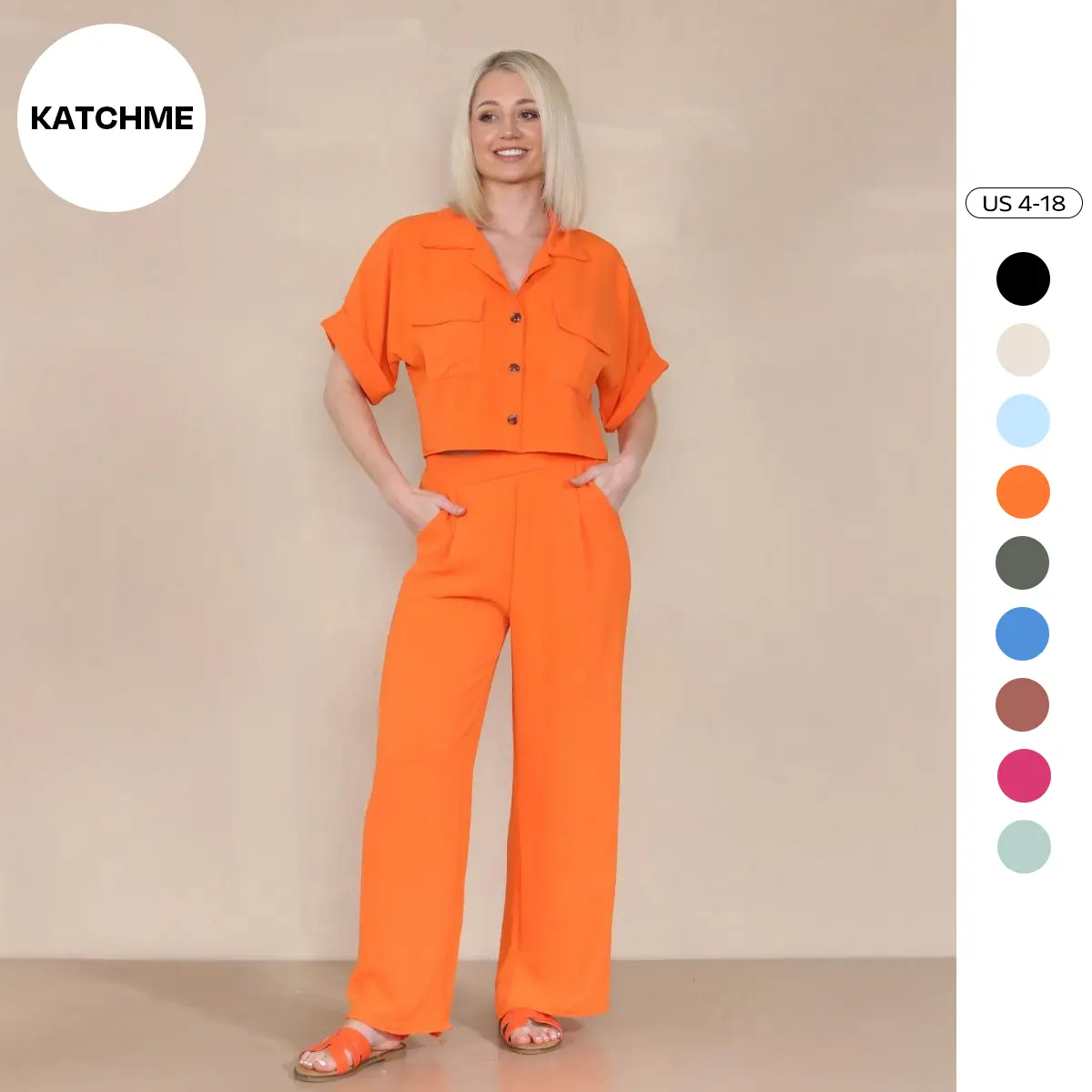 KatchMe Women's Casual Button Front Flap Pocket Blouse & Wide Leg Trousers Co-ord, Crop Short Sleeve Shirt & High Waist Pants Two-Piece Sets