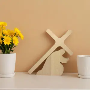 Wooden Cross & Rabbit Design Decoration, 2 Counts/set Creative Desktop Ornament, Decorative Craft for Home Living Room Bedroom Office