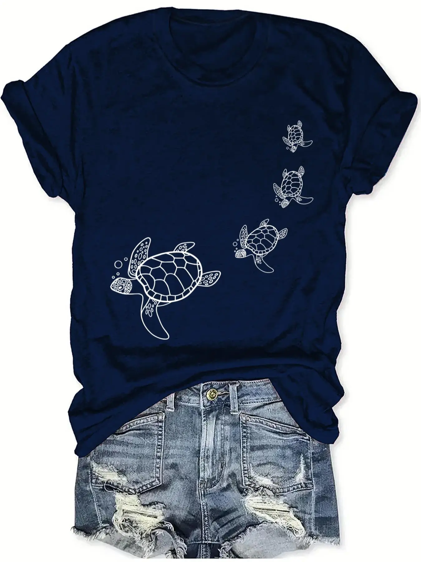 Women's Turtle Print Round Neck Tee, Casual Short Sleeve Crew Neck T-shirt for Daily Wear Summer, Ladies Clothes for All Seasons Animal