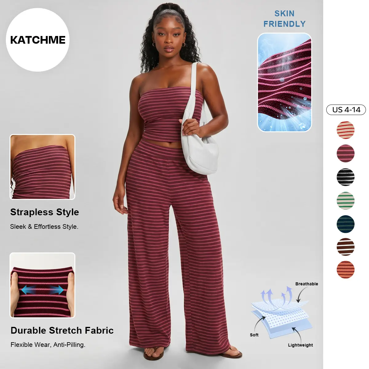 Katch Me Chic(US/CN)Women's Casual Color Matching Stripe Slim Tube Top & Low-Rise Wide Leg Trousers Co-ord, Lightweight Wrinkle-Resistant Spring & Summer Outfits, Skin-Friendly Two Piece Sets #TikTokMadeMeBuyIt #TwoPieceSet #SummerEssentials