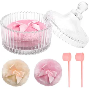 5PCS Body Powder Puff and Container, Crystal Clear Powder Container with Powder Spoon, Dusting Powder with Puff for Women, Washable Reusable