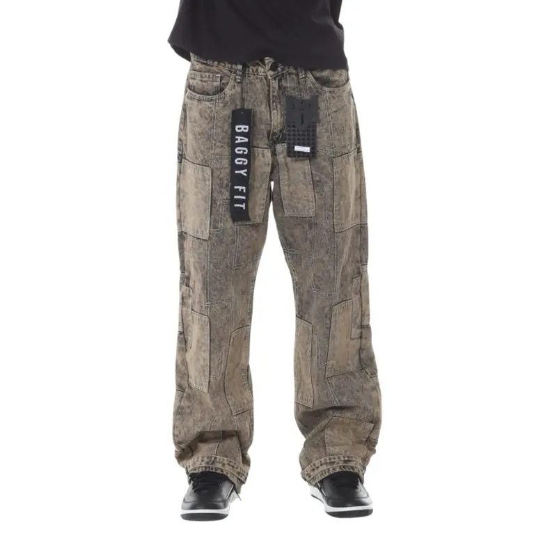 Men's Baggy Patchwork Jeans Loose Fit Mid Waist All Seasons Casual Style Black Khaki Vintage Wash Denim