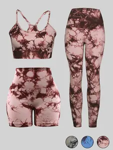 Women's Tie Dye Print Crop Sports Bra & High Waist Leggings & Skinny Shorts Yoga Tracksuit Set, Breathable Sweat-absorbing Gym Workout, Ladies Sportswear for All Seasons, Workout Sets Women, Yoga Clothes Set
