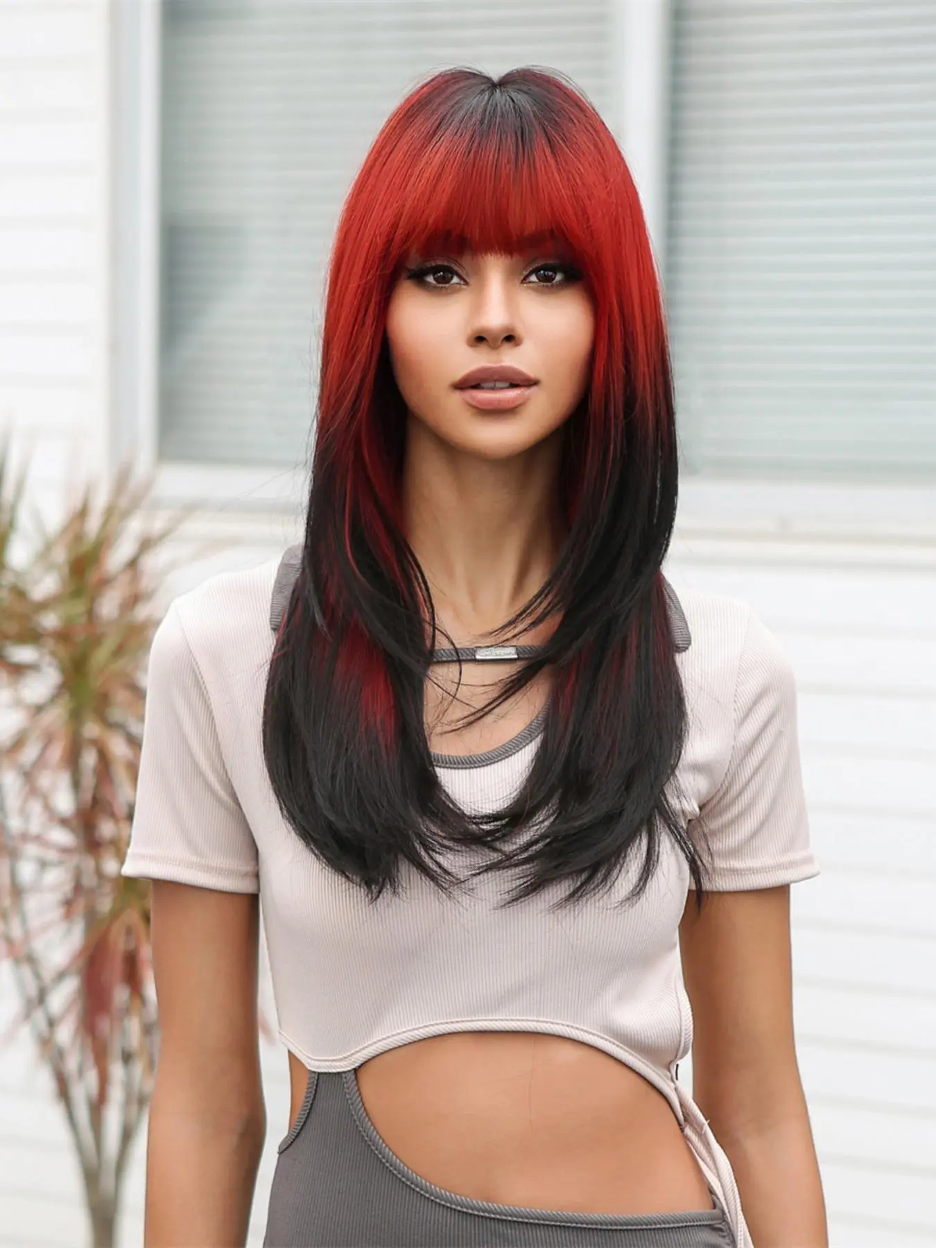 Women's Ombre Red to Black Straight Synthetic Full Machine Wigs, Synthetic Fiber Wig As Valentine's Day Gift for Girlfriend, Fluffy Synthetic Wigs with Bangs for Lovers Day Decor, Party, Cosplay