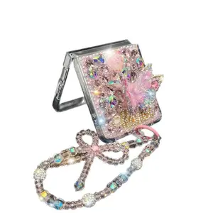 Luxury Crystal Phone Case for Samsung Galaxy Z Flip 7FE/6/5/4/3 Flip7 with Vivid Butterfly Flower Diamond Pearl Wrist Strap