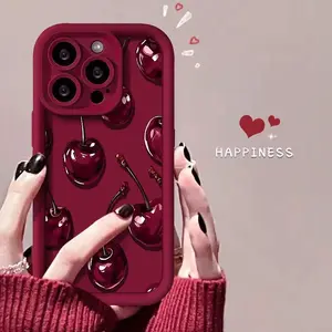 Sexy Wine Cherry Pattern Phone Case , Soft Silicone Tpu Protection and Shockproof For iPhone 17 16 15 Pro Max 14 16Pro 13 12 11 X Plus Air Mini Girl