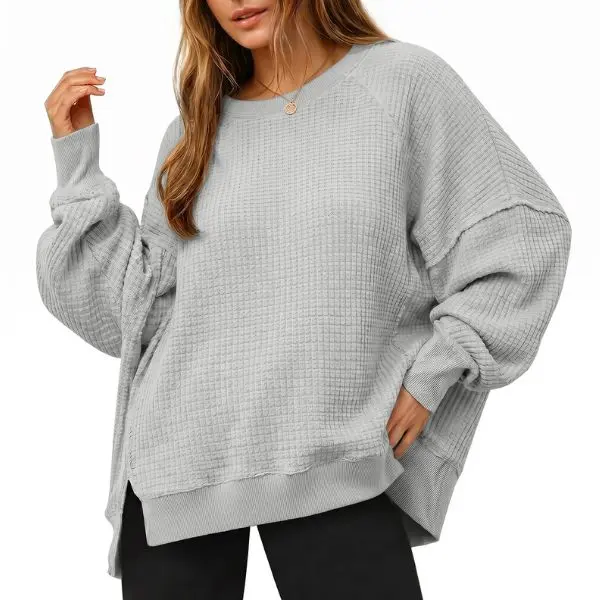 Fisoew Sports  2026 Summer Spring Women's Fall Oversized Sweatshirt Casual Waffle Knit Long Sleeve Crewneck Split Pullover Tunic Tops, Matching,back to school,back to school shopping