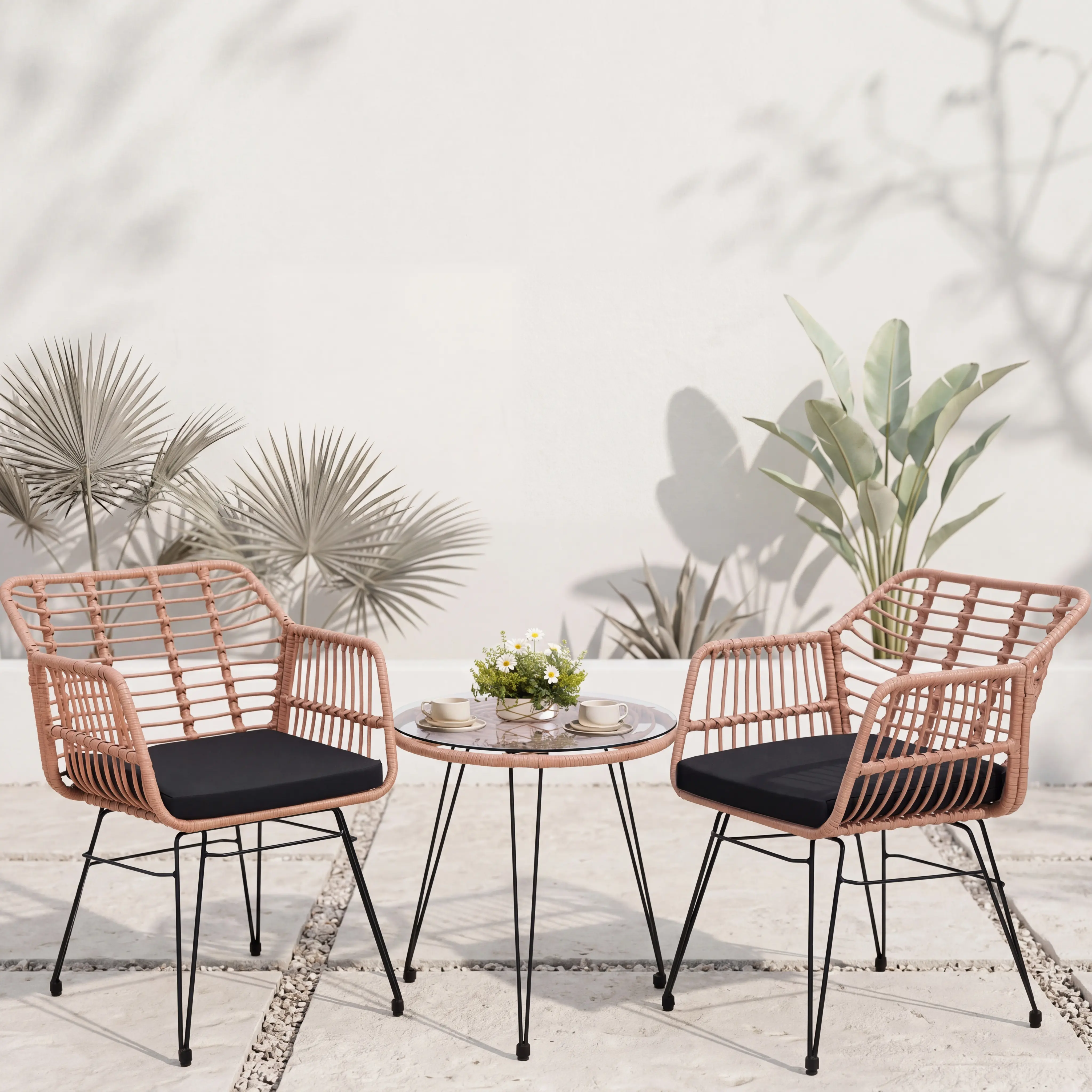 3 Piece Wicker Patio Bistro Furniture Set Includes 2 Rattan Arm Chairs & Glass Top Table with Modern Hair Pin Legs, Ideal for Porch, Patio, Balcony, Quality Materials, Fast Assembly summergarden