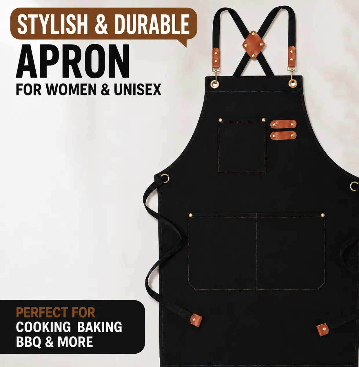 MIUVA Kitchen Apron - Water-Repellent Lightweight Cotton Canvas Cross Back Apron with Large Pockets, Adjustable Straps, Casual Patchwork Design, Multifunctional for Home Cooking, BBQ, Ideal as a Gift for Adults, Cooking Tasks