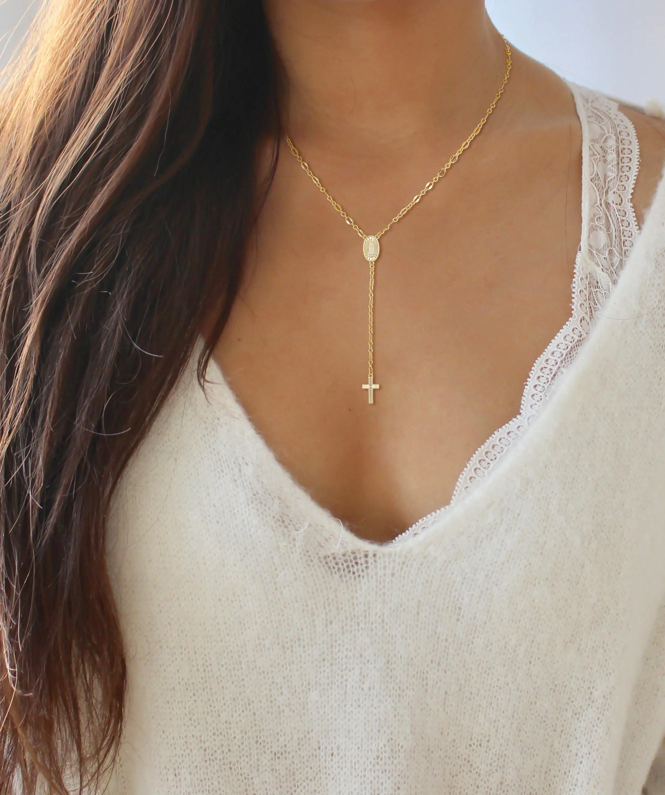 LOYALOVE 14K Gold Plated Cross Rosary Style Necklace for Women, Virgin Mary Medal Y Lariat Necklace, Dainty Christian Faith Jewelry, Hypoallergenic Religious Gift for Her