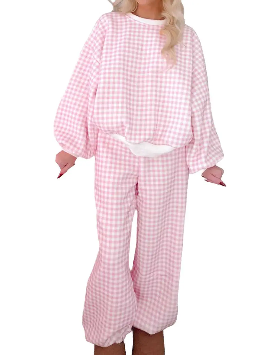 Women’s Plaid Two Piece Pants Set, Long Sleeve Cropped Pullover Top and Wide Leg Flare Pants, Soft Relaxed Fit Lounge Outfit for Home, Travel, Weekends and Everyday Wear,Flared, Womenswear, Casual, Chic, Pink, Suits, Traditional, Twist