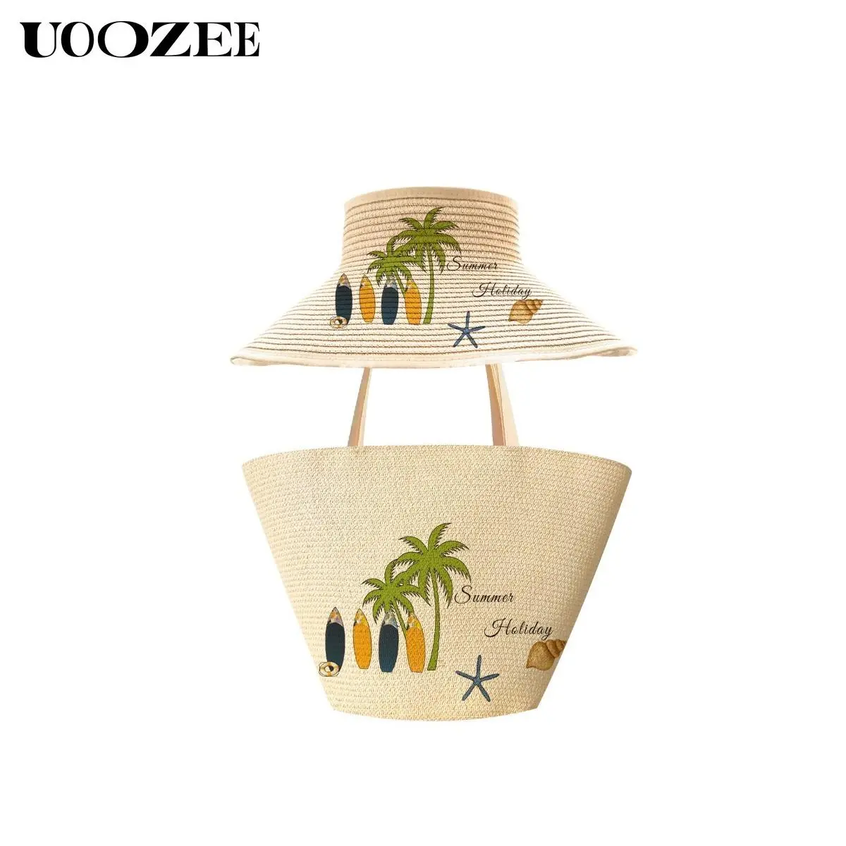 UOOZEE New 2026 Summer Vacation Straw Large-Capacity Tote Bag & Sun Hat Set (2 Pieces), Versatile and Stylish Coconut Tree Print Beach Bag with Wide Brim Hat, Boho Outfits, Casual Wear, Large Tote Bags