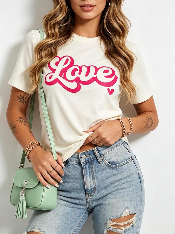 Women's Basic Casual LOVE Graphic Print Short-Sleeve Crew Neck Fitted Beach Tshirt - Soft Breathable Cotton-Blend Fabric, H-Type Streetwear Top, Valentine's Day Themed, Matching Style, Bleaching Prohibited, Free Return Service