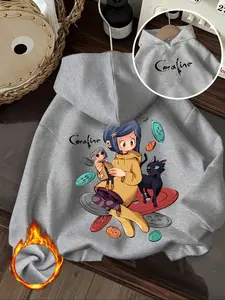 Women's Coraline Letter Cartoon Print Hoodie, Womenswear Casual Long Sleeve Fitted Sweatshirt, Round Neck, Fall Winter Fleece, Retro Style