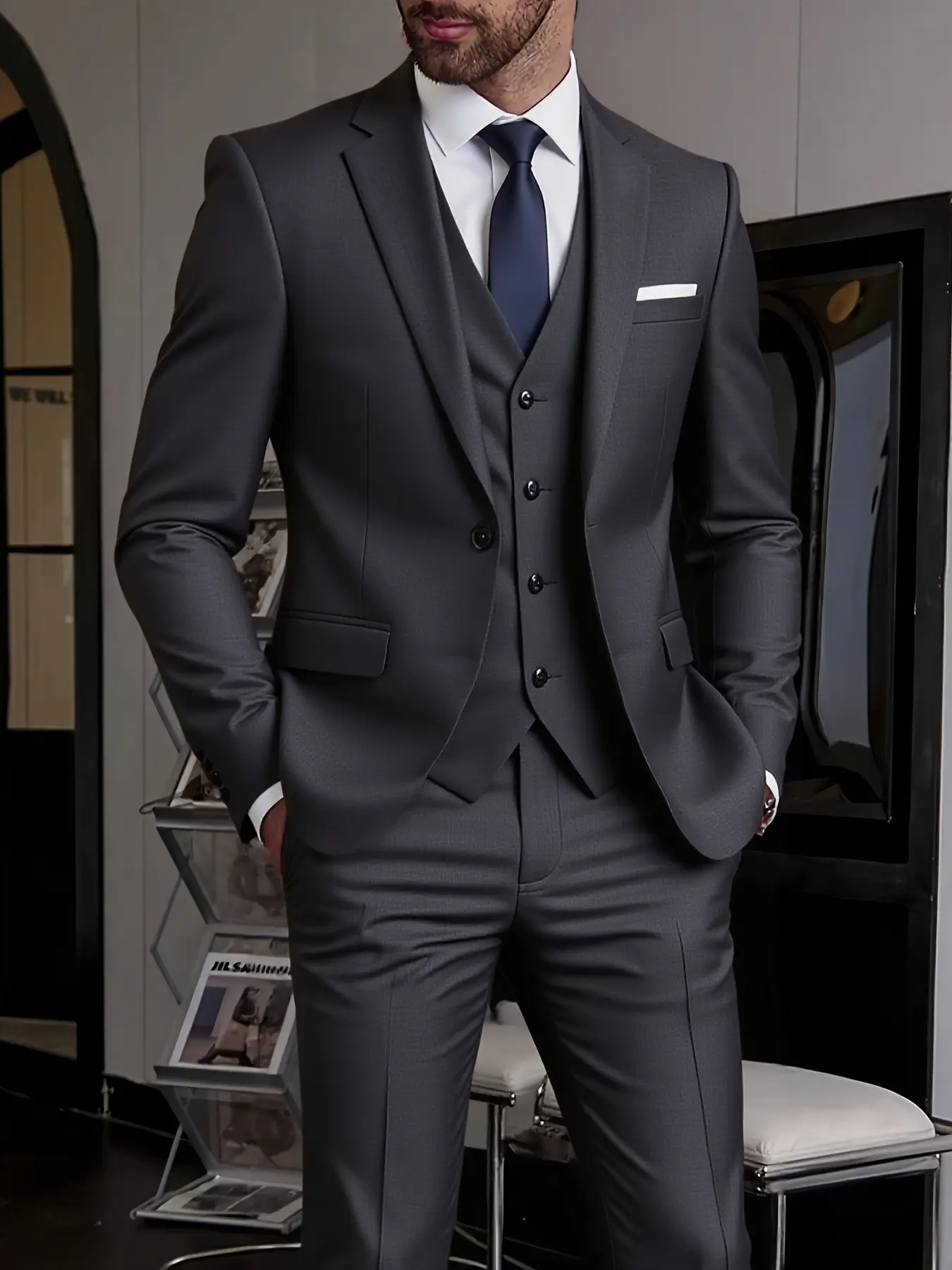 3pcs Men'S Slim Fit Tuxedo Suit Set, Clothing Sets - Black Formal Wear Wedding & Office Attire with White Shirt & Pants, Long Sleeve, Button-Up, Non-Stretch Fabric, All-season Durable Suit, Menswear