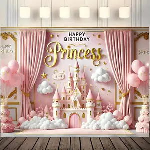 Princess Happy Birthday Background Cloth, 1 Count Colorful Polyester Fabric Backdrop, Party Decorations Banners, Wall Decoration for Home Party Wedding, Banners