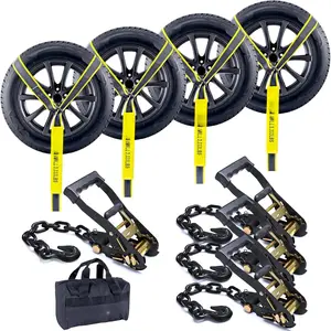 4 Pack Reflective  Tie Down Straps for  - Tire Ratchet Strap with Chain Anchors - 2" x 10' 10,000LBS Break Strength - Lasso Style Wheel Straps for Hauling UTV, SUV, , Any