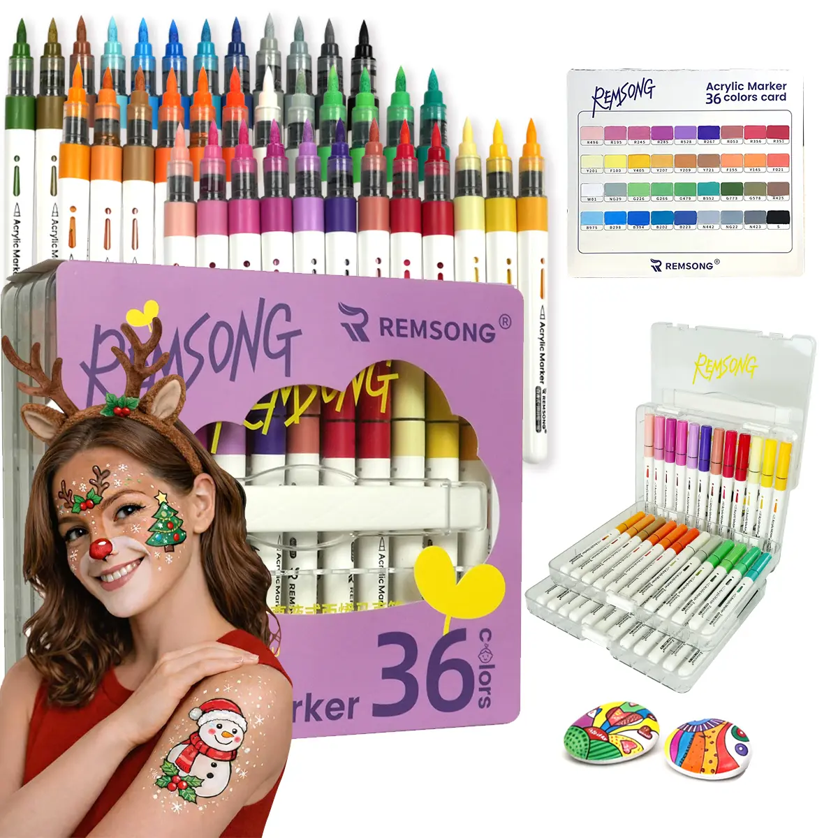 24/36Colors Tip Acrylic Paint Marker Pens Set, Acrylic Paint Markers for All Surfaces, Automatic Ink, Quick-Dry, Vibrant Pigment, Smooth Gradient, Washable, Markers for Rock, Canvas, Glass, Wood, Metal, DIY Crafts & Art