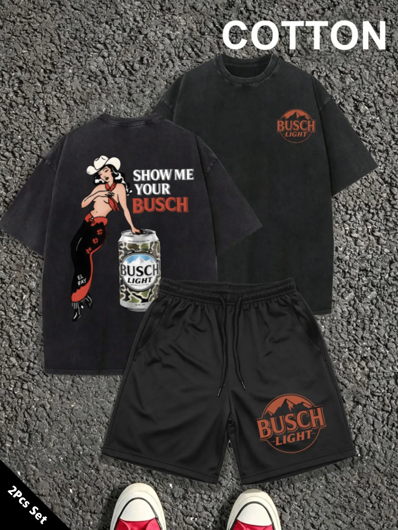 2Pcs Outfit Set Oversized Cotton T Shirt & Casual Shorts, Busch Light Show Me Your Busch Western Cowgirl Camo Beer Can Front Mini Logo & Back Vintage Graphic Print, Retro Country Bar Streetwear, Breathable Unisex Set For Beer Country Fans Daily