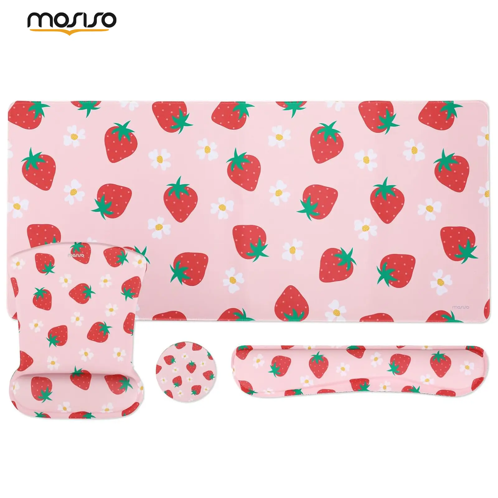 MOSISO Desk Pad Mat Keyboard Mouse Pad Set,Large Gaming Mouse Pad&Keyboard Wrist Rest&Mouse Pad with Wrist Rest&Coaster,Ergonomic Non-Slip Mousepad with Memory Foam for Home Office, Strawberry&Flower