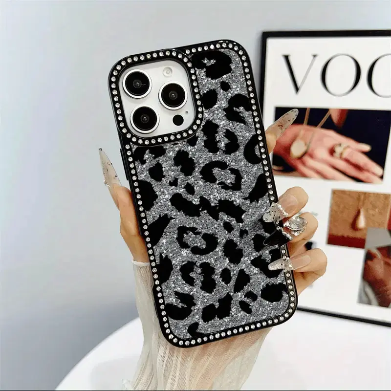 Black Shiny Leopard Print TPU Rhinestone Phone Case for iPhone 11-17 - Durable Flexible Back Panel, Multi-Layer Protector, Animal-Print Aesthetic Accessories, Ideal Friend Gift, Multi-Layered