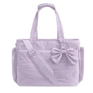 Crush Bow Tote Bag for Women 15.6" Laptop Friendly Lightweight Puffy Handbag with Removable Bow & Multiple Compartments for Travel Work Beach Gym 20L Capacity Purple & Rose Red Shoulder Tote Handcrafted Bag