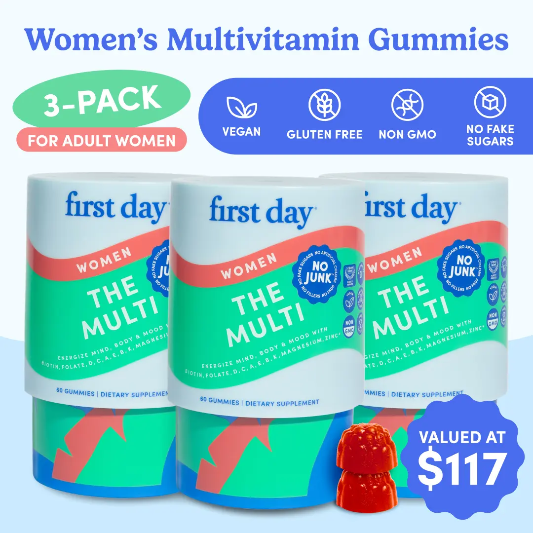 First Day Women's Multivitamin Gummies 18+ (3 Pack), Natural Orange Flavor — 21 Organic Superfoods, 13 Key Nutrients, Vitamin C D3 B12 Magnesium Biotin — Immunity, Energy, Skin & Hair Health, Fight Fatigue — 90-Day Supply, Vegan, Non-GMO, No Junk