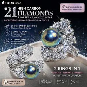 Luxury Detachable Pearl Ring Set for Women – 2-in-1 Stackable Ring with 21 High Carbon Diamonds, Sparkly CZ Halo Ring, Adjustable Statement Jewelry Gift shell pearl outdoorfun