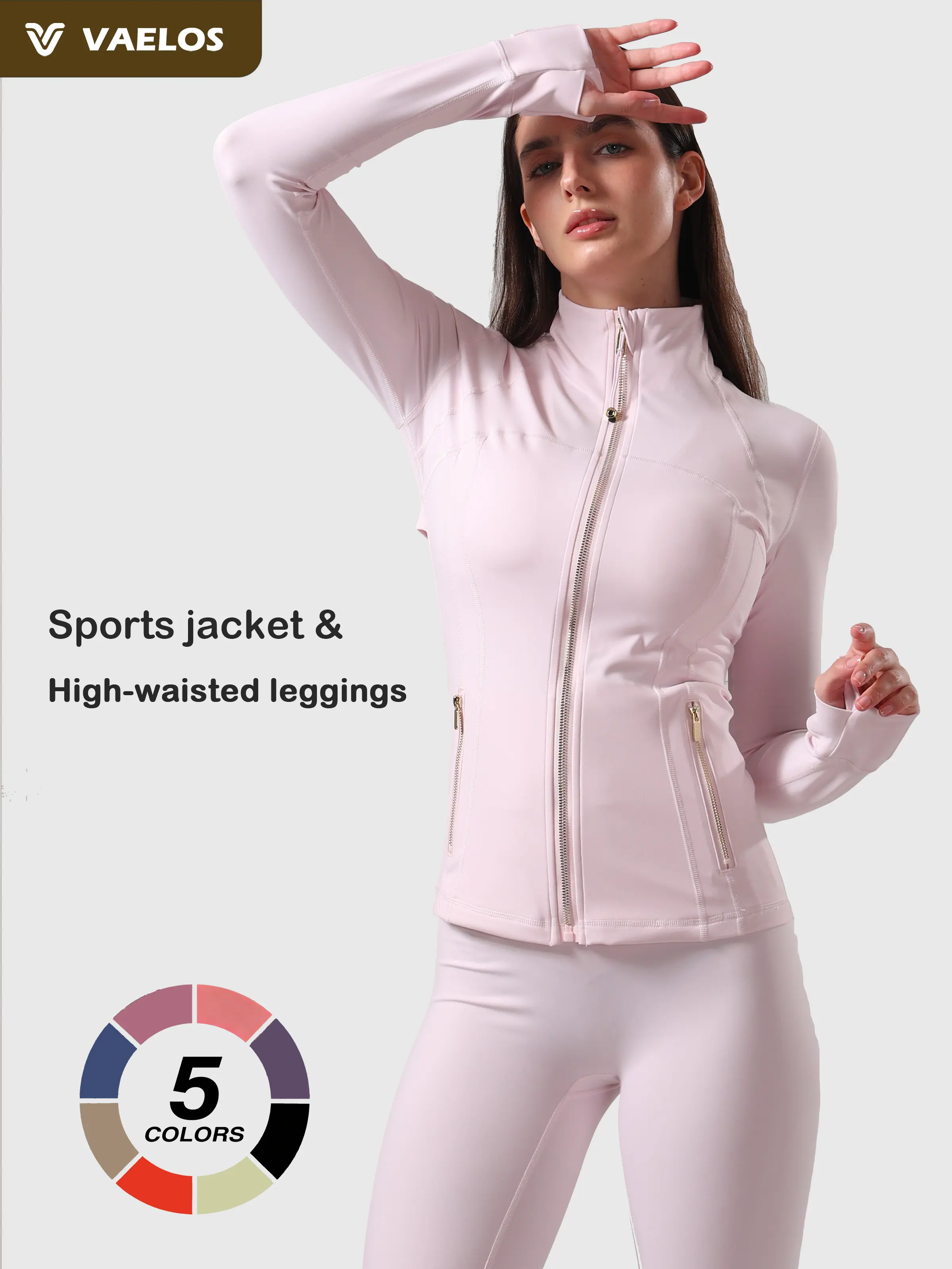 Women's 2 Piece Sporty Sports Clothing Sets - Sweatset Style Matching Activewear Set with Full Sleeves Gold-Color Zipper Jacket (Pockets) & High-Waisted Cropped Yoga Leggings for Gym, Casual Wear