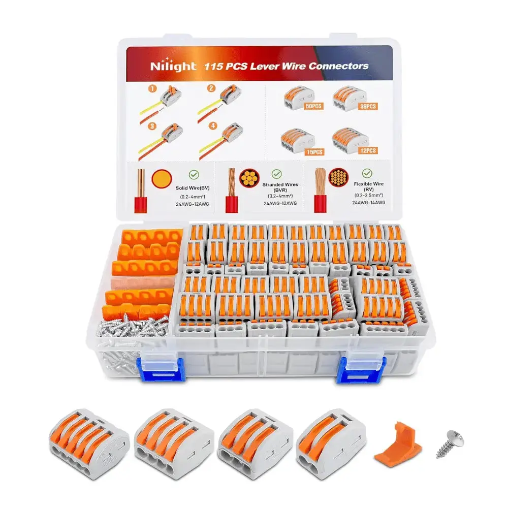 Nilight 115Pcs Lever Wire Connectors Kit - Durable Reliable Copper Lever Wiring Connector Set with Quick Connection Terminals, Durable Reliable Connectors