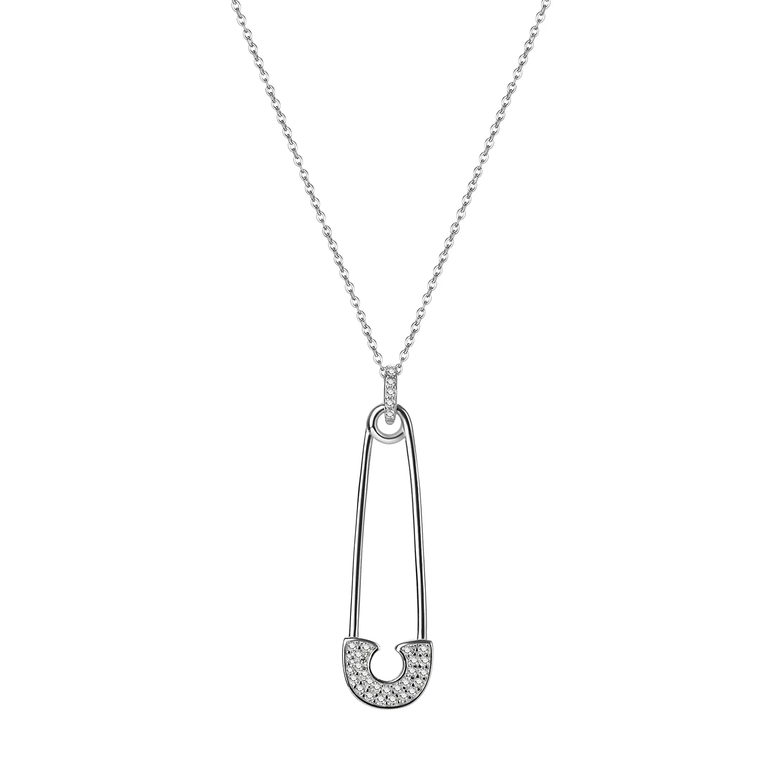 OIDEA Sterling Silver-Tone Long Safety Pin Pendant Necklace with Premium Rhinestone, Bold Women Gift