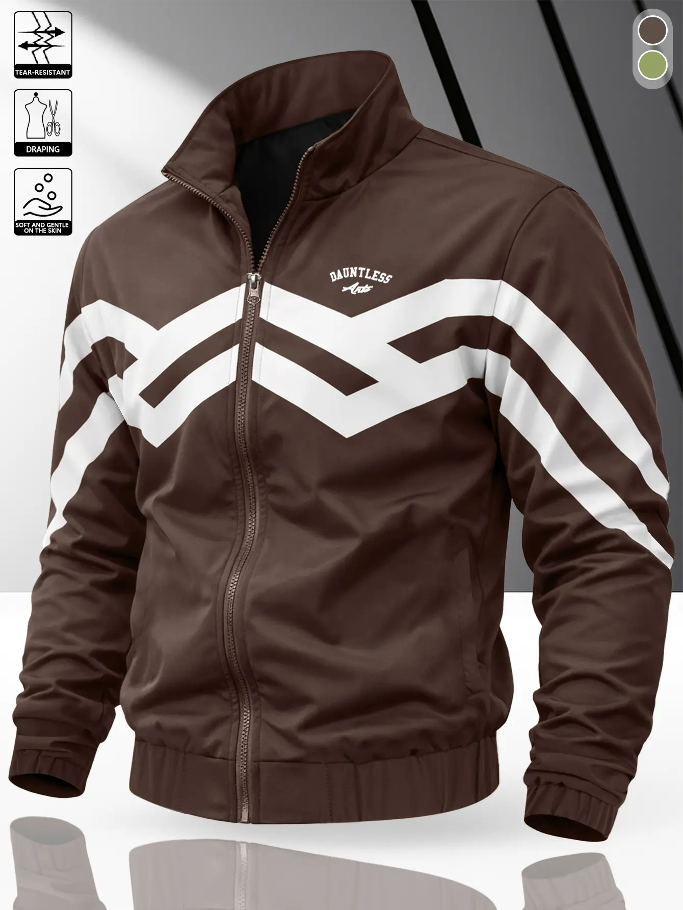Men’s jacket with V stripes and color blocking, stand collar, letter print design, full zipper closure, elastic cuffs, loose lightweight fit—suitable for suburban hiking, city commuting, and short outdoor trips.
