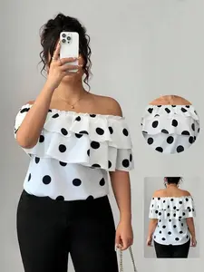 Women's Plus Size Off The Shoulder Top Polka Dot Ruffle Blouse Elegant Party Date Night Shirts Flowy Trendy，Classic Polka Dot Top Print Layered Ruffle Off-Shoulder Blouse