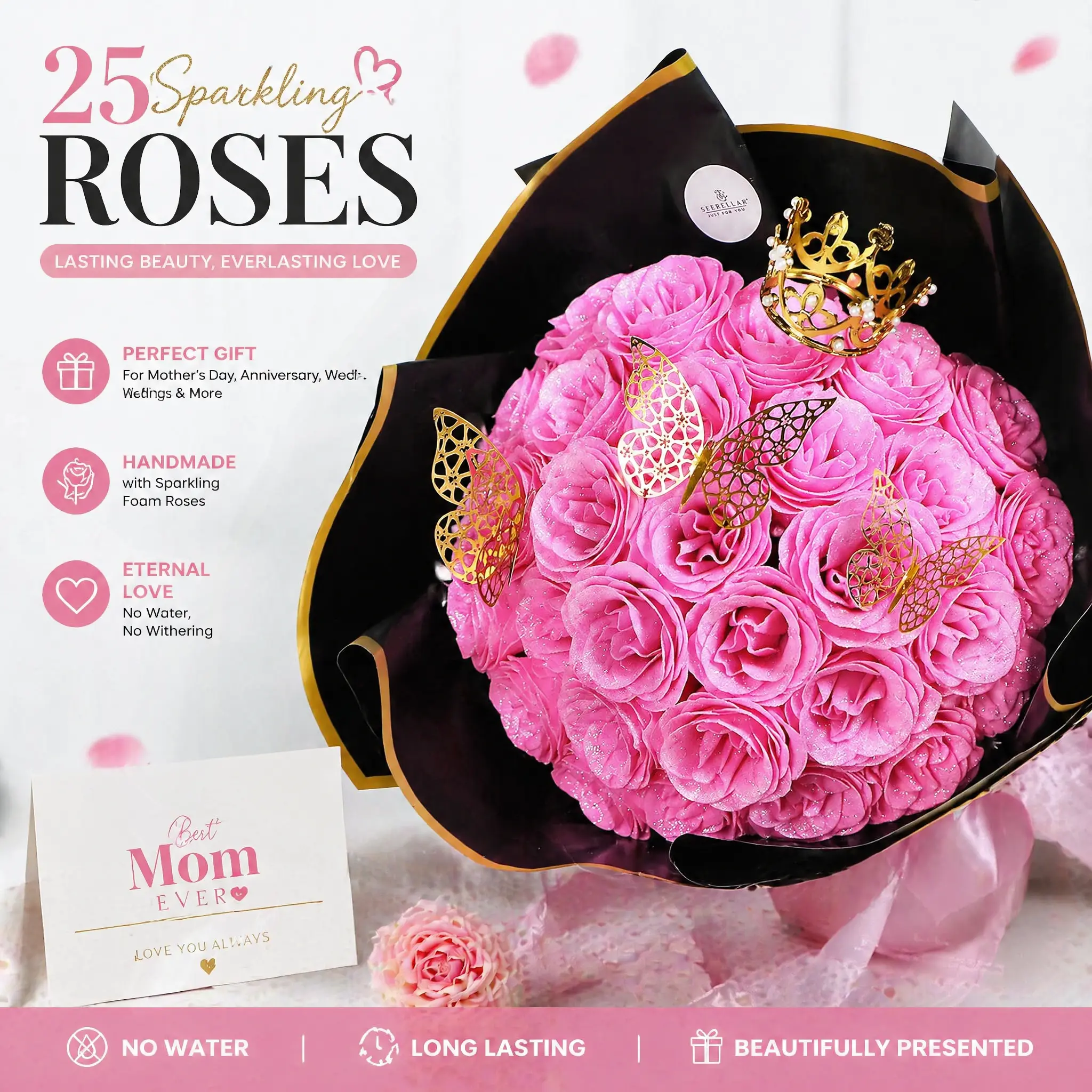 25pcs Pink Glitter Decorative Plastic Roses - Artificial Shiny Fake Flower Bouquet, Wilt-Resistant Long-Lasting Ornaments, DIY Mother's Day Decorative Flowers for Home Decor, Mothers Day Flowers