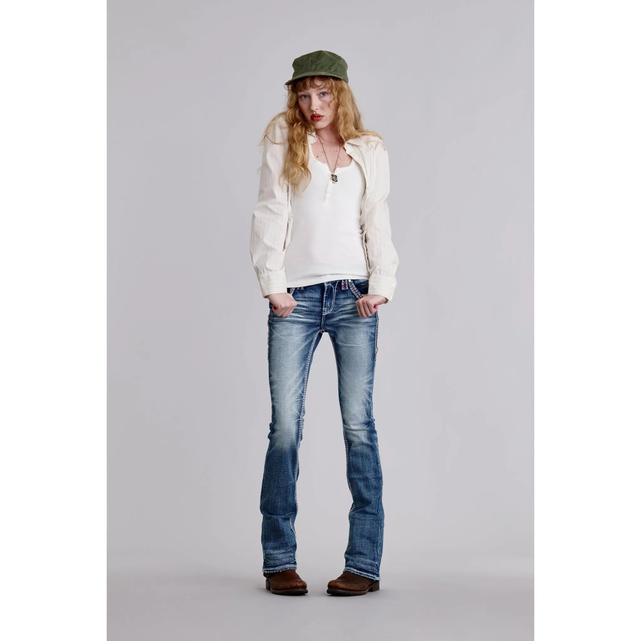 Rock Revival Hanni Women's Embroidered Denim Bootcut Jeans - Casual Basic Bottoms with Embroidered Motif, Decorative Details, Boot Cut Jeans, Denim Embroidered Jeans