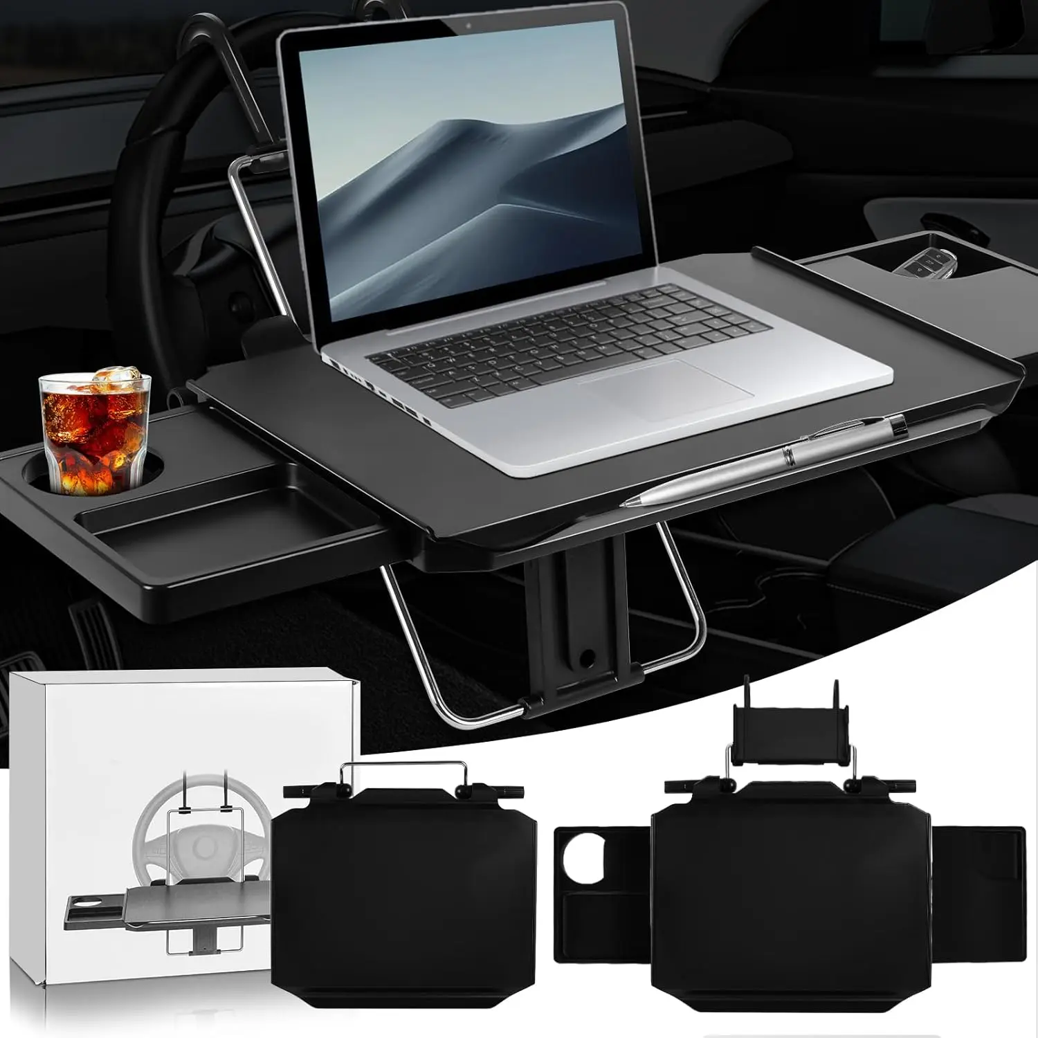 Upgraded Car Steering Wheel Tray with Phone Holder,Steering Wheel Table Tray for Car,720 °   Adjustable Steering Wheel Desk for Laptop,Car Tray for Eating,