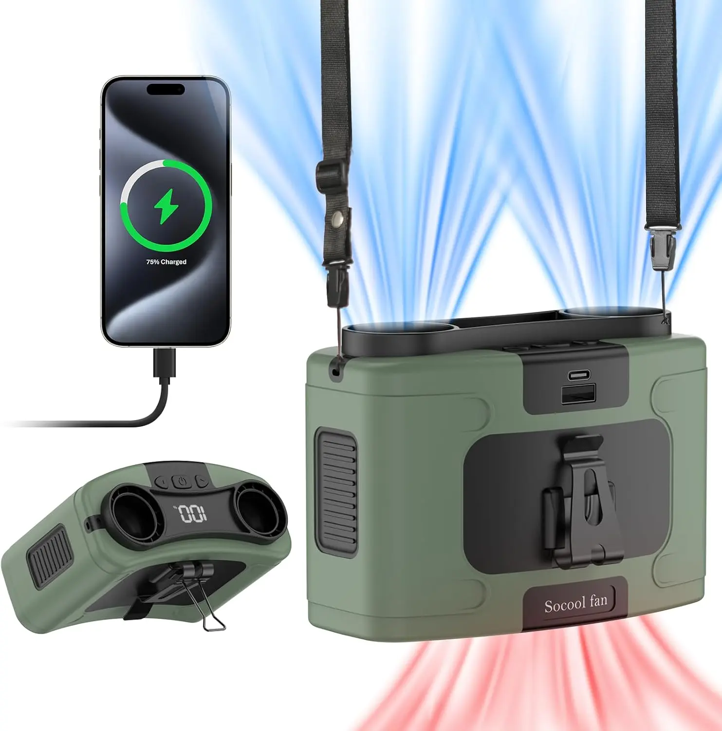 Socool Fan Compact Rechargeable Portable Body Cooling Fan 10 Speed Dual Outlet Silent Hands-Free Waist Clip Fan for Camping & Tourism