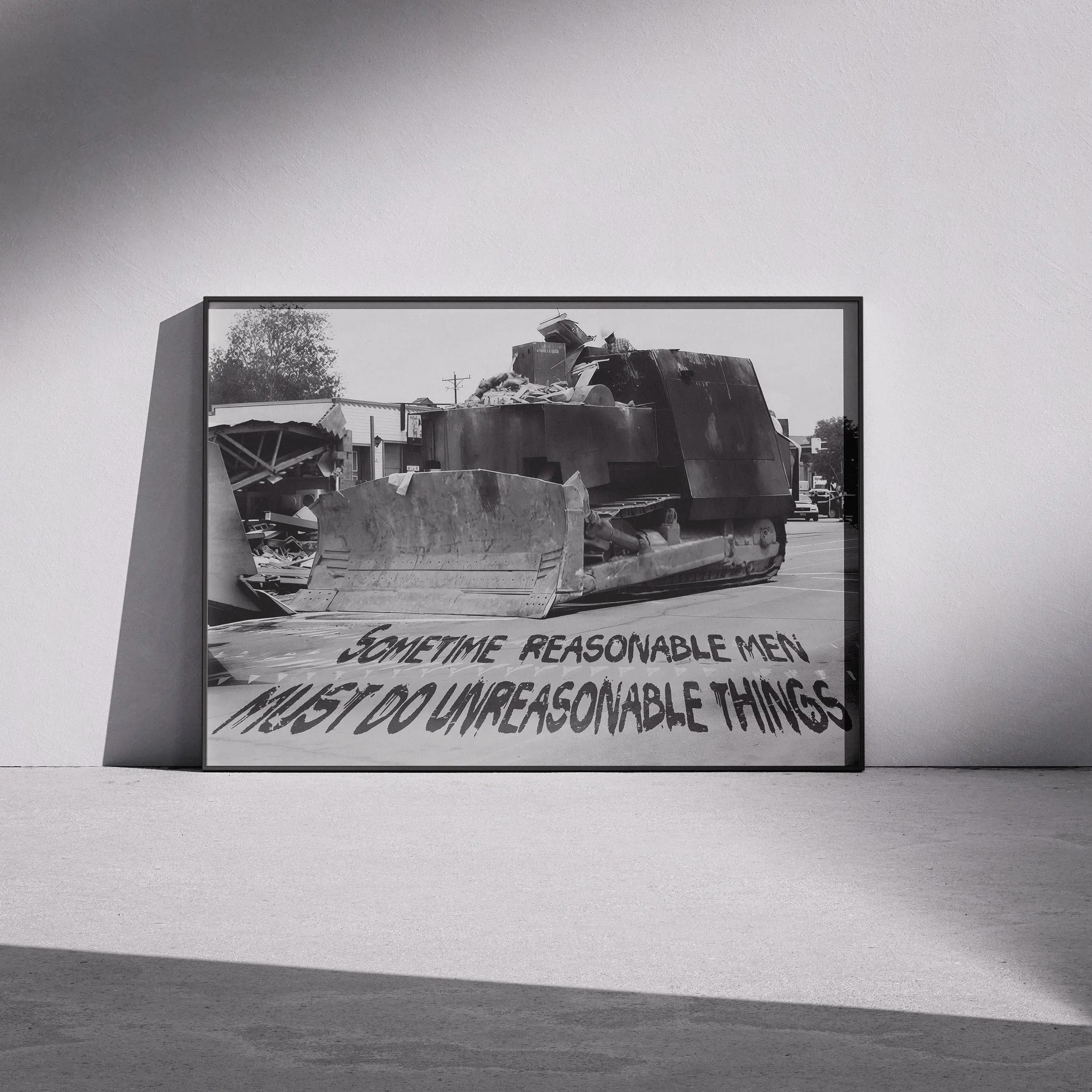 Classic Black & White Armored Bulldozer Quote Unframed Artwork - "Reasonable Men" Retro Engineering Theme Poster, Masculine Home Office Wall Picture