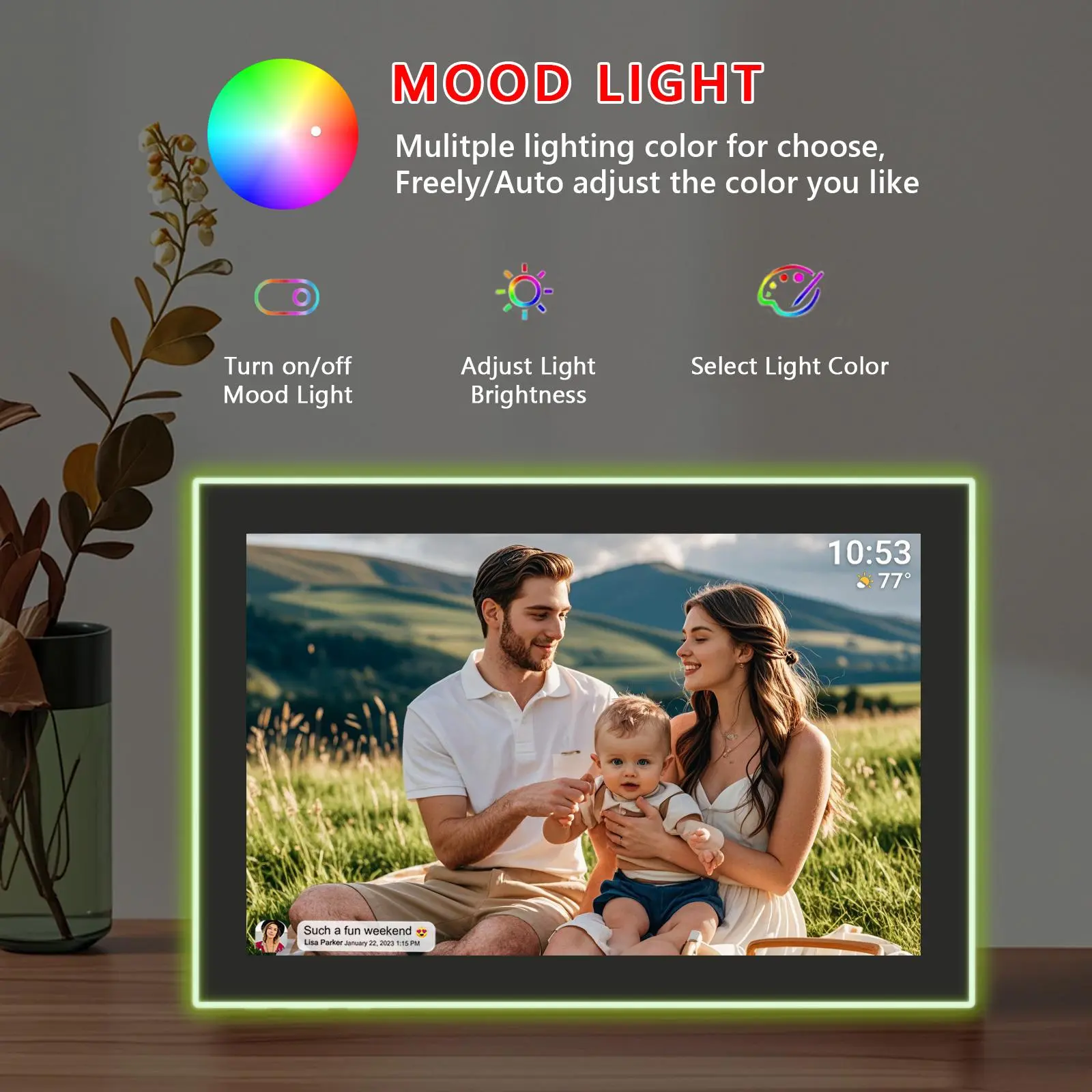 summerwins Adjustable 10.1 Inch Neon Light WiFi Digital Photo Frame, 32GB Storage with USB Drive/SD Card Expansion, Frameo App & Cloud Storage Support, Home Decor Accessory backtoschool