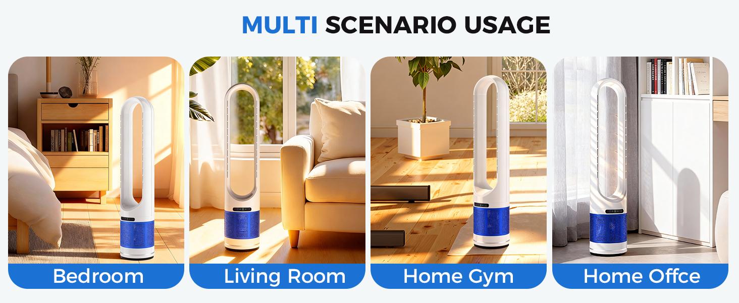 Bladeless Tower Fan ，80° Oscillation Quiet Cooling Fan with 8 Speeds, 8H Timer, Sleep Mode, Remote Control, 360° Air Intake, Space-Saving Bladeless Fan for Bedroom, Living Room, Home Office, Home Gym