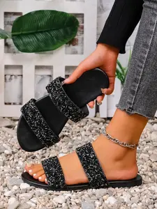 Women's Fashion Plus Size Sparkle Casual Comfort Slip-On Flat Sandals, Perfect for Beach Vacation Valentine's Day Gift