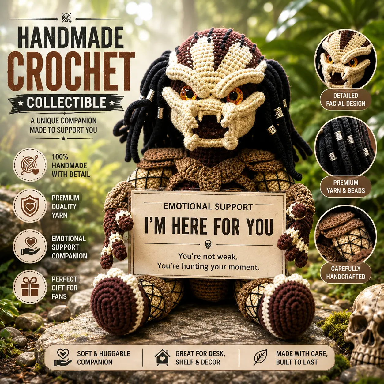 Handmade Crochet Alien Hunter Doll – Emotional Support Collectible, Unique Desk Decor & Gift