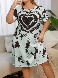 Summer New Plus Size Women's Comfortable Casual Sleepwear Loungewear, Full Print Round Neck Short Sleeve Nightgown, Dreamy Filter Home Vacation Wear, Homewear