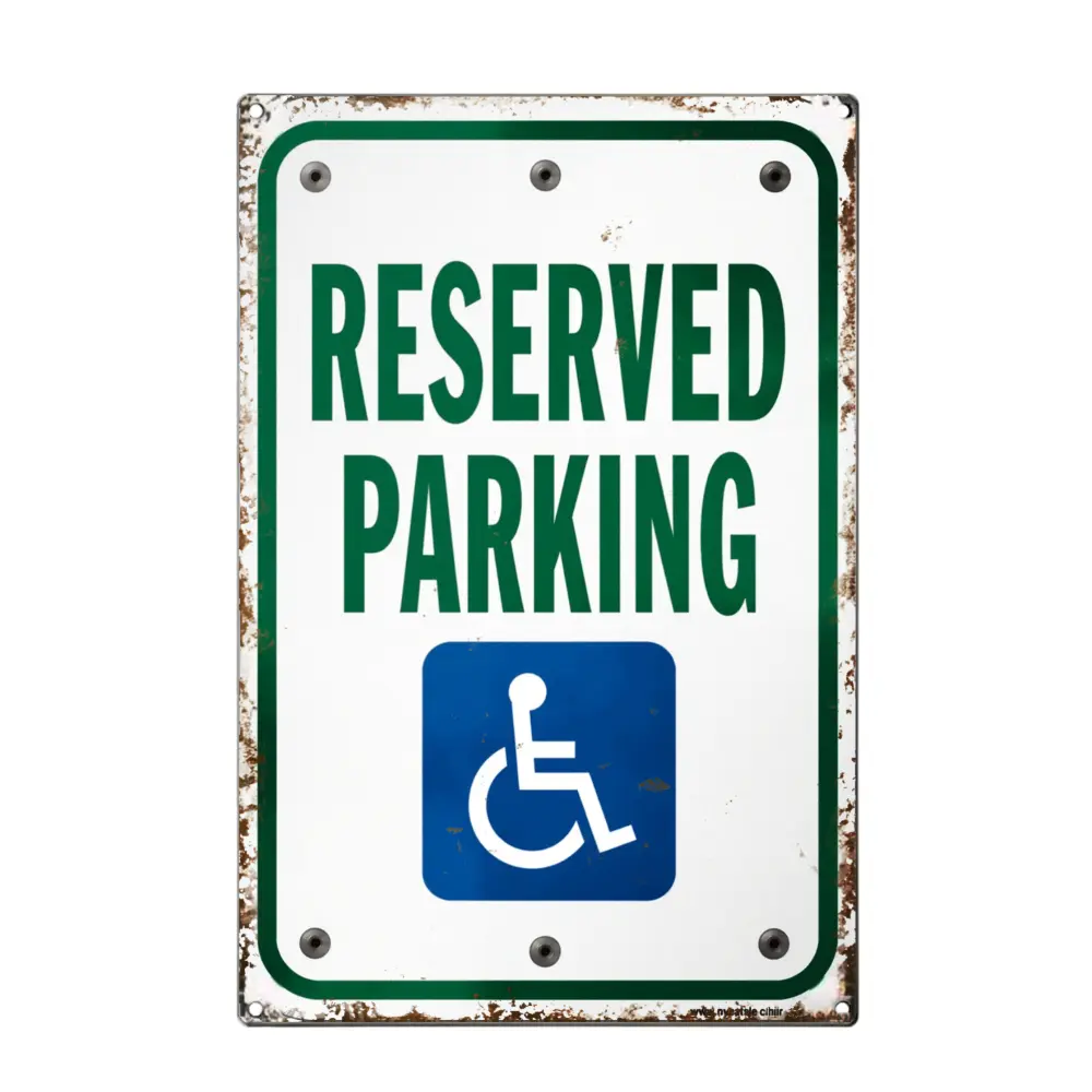 Antique Tinplate Handicap Reserved Parking Spot Sign, 8x12in Pre-Drilled Waterproof Lightweight Industrial Retro Plaque for Home Garage Accessibility, Backyard Fences Decor